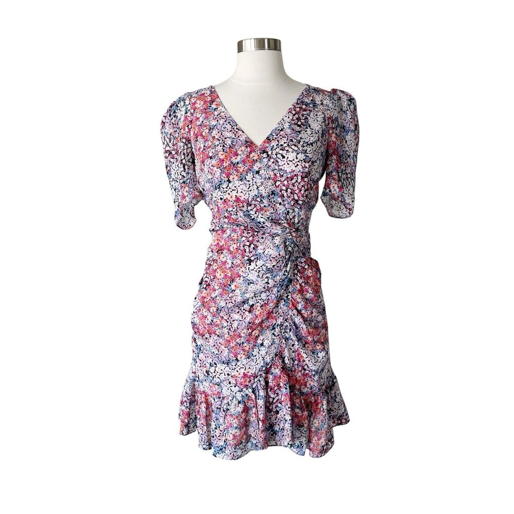 Parker Krislyn Dress 2 Mini 100% Silk Floral Print Ruched Puff Sleeve V-Neck
